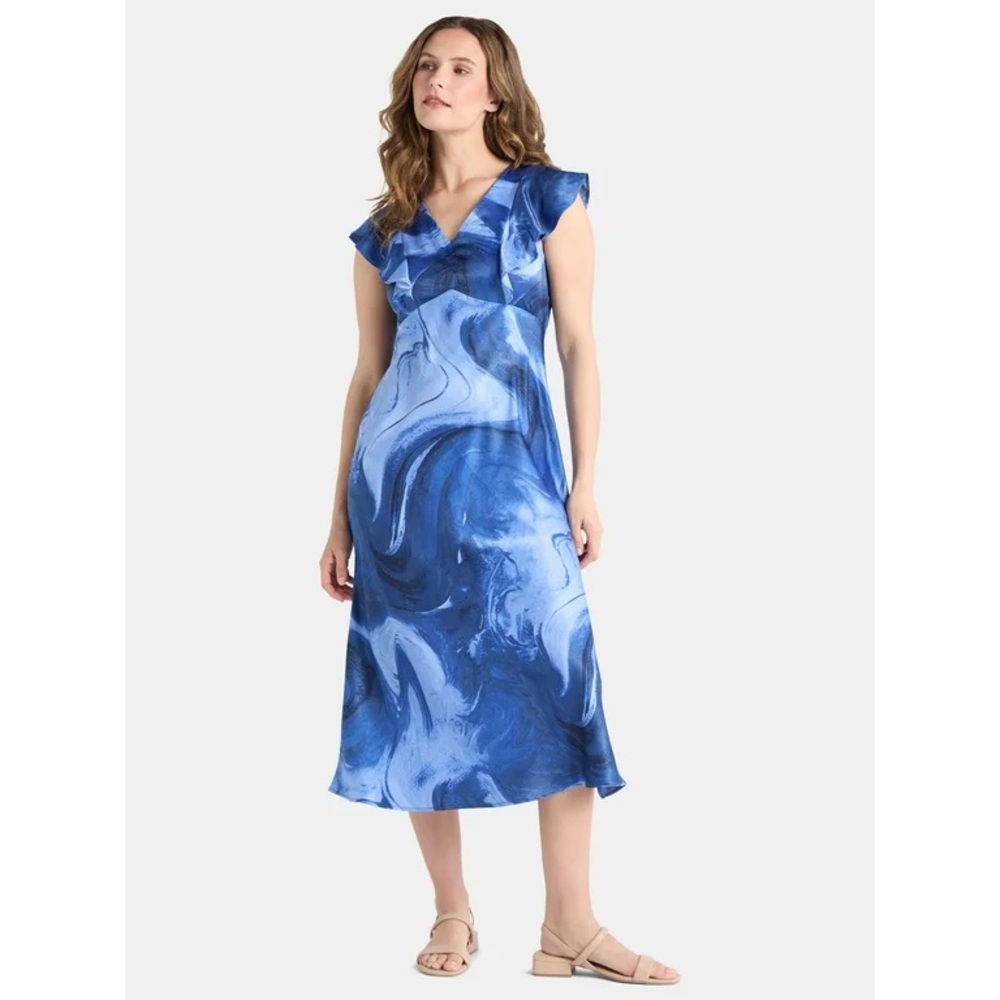 Blue and White Flutter Sleeve Midi Sundress